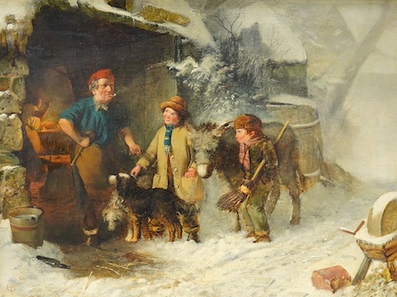 Edward Charles Barnes (1832-1893), oil on canvas, Winter street scene with children before a smithy, monogrammed, applied plaque to the frame, 30 x 45cm, ornate gilt frame. Condition - good